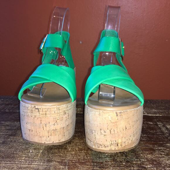 Steve Madden Palmer Platform Sandal Womens 11 Bright Green Cork Chunky Retro 70s - Picture 4 of 10